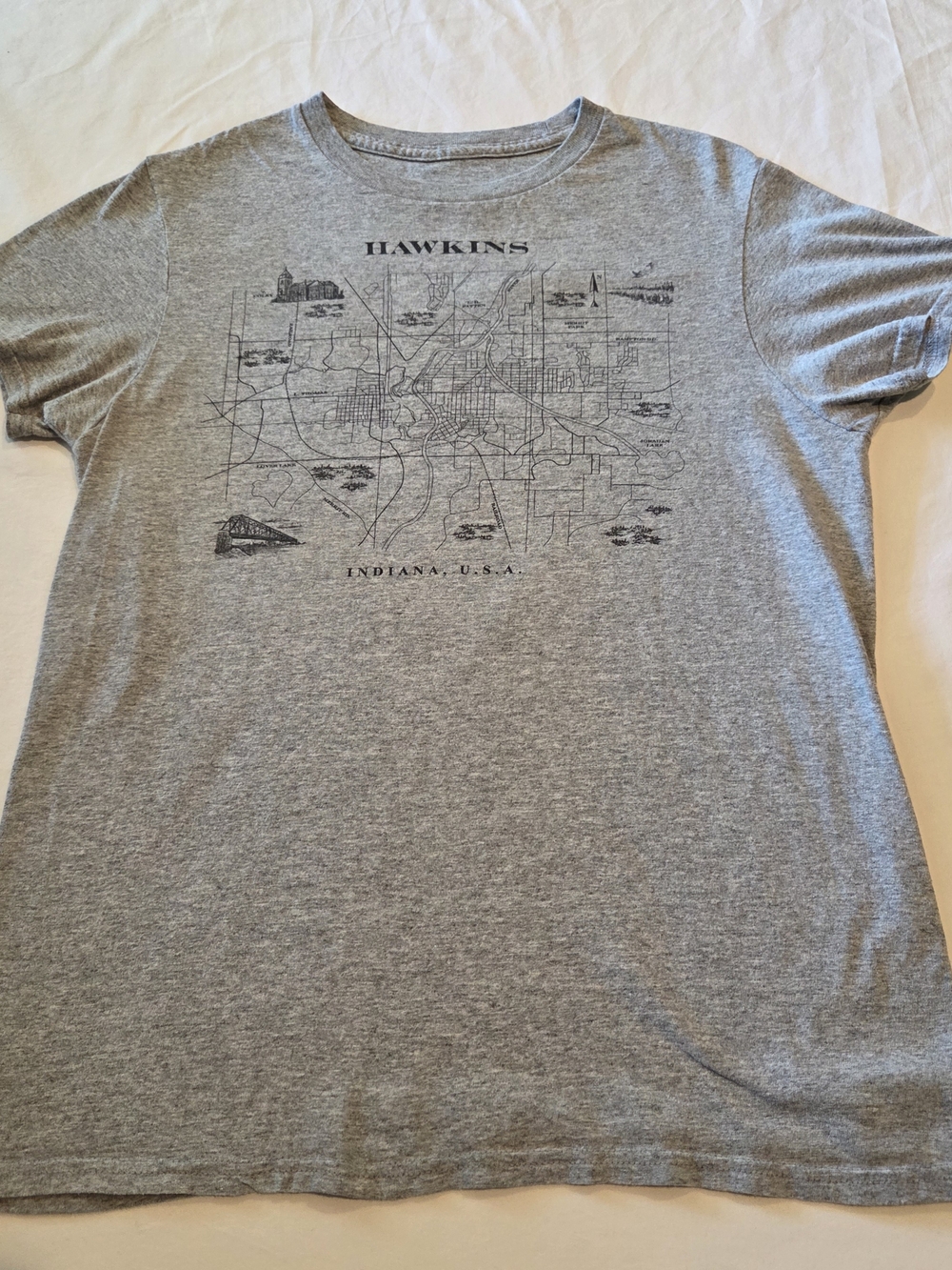 Women's Stranger Things Hawkins Map Gray Graphic Crewneck T-Shirt